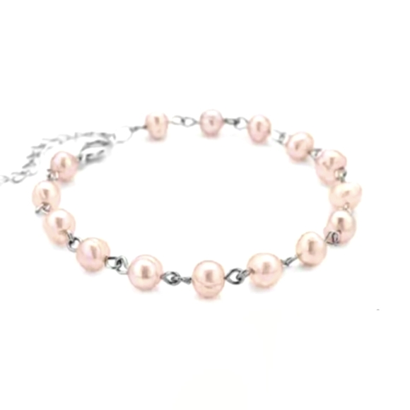 Peach Freshwater Cultured Pearl Anklet (8-10 In) in Silvertone - Picture 3 of 3